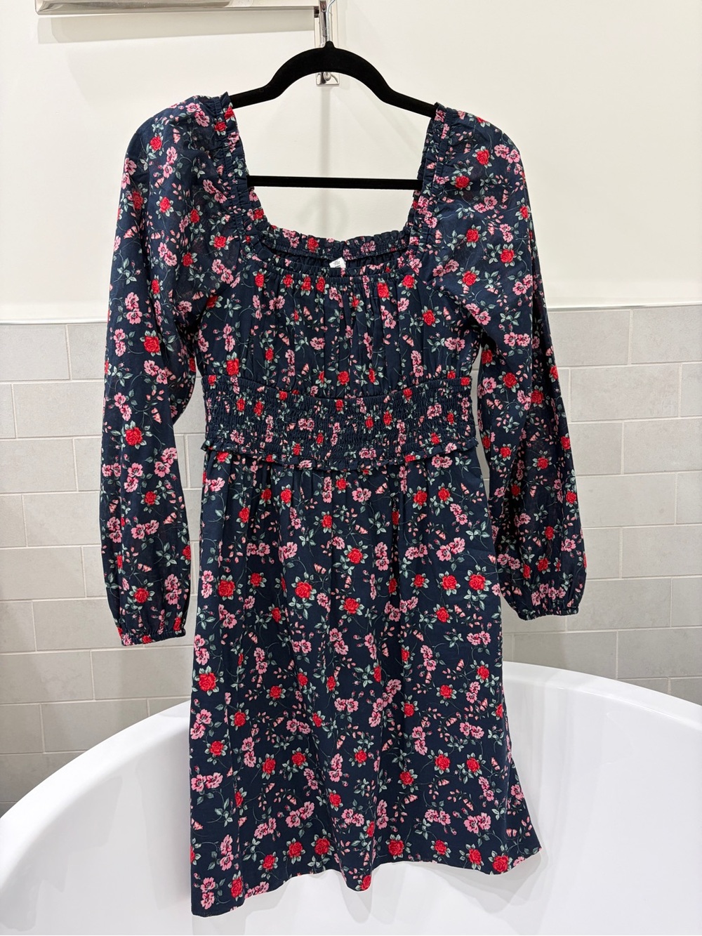 BP Navy Floral Smocked Long-Sleeve Dress